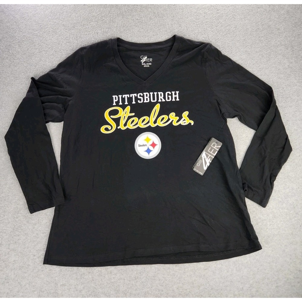 NWT G-III 4Her Black Pittsburgh Steelers Football Long Sleeve V-Neck Shirt 2XL